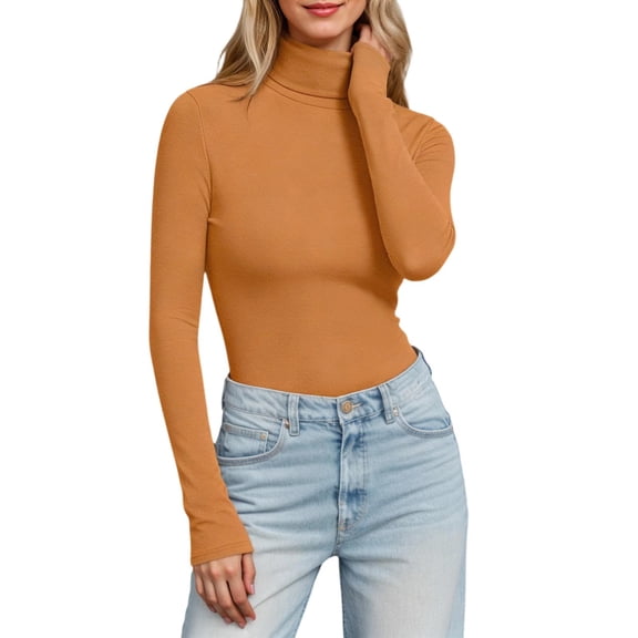 Business Casual Tee for Womens Long Sleeve High Neck Knit Solid Color Ladies Clothing,Orange,L