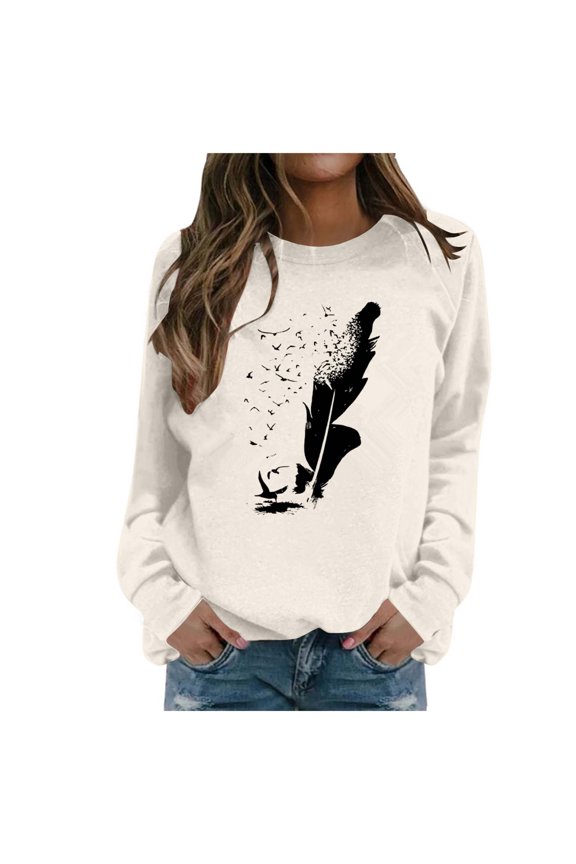 Business Casual Top Women Feather Print Comfort Round Neck Womens formal Shirts,Beige,2XL