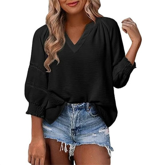 Business Casual Tops, Comdrip Womens Summer Tops 3/4 Sleeve Casual V Neck T Shirts Pleated Loose Hollow Out Blouse Women Business Casual Tops Black L