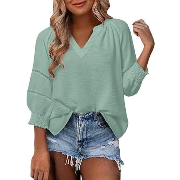 Business Casual Tops, Comdrip Womens Summer Tops 3/4 Sleeve Casual V Neck T Shirts Pleated Loose Hollow Out Blouse Women Business Casual Tops Green S