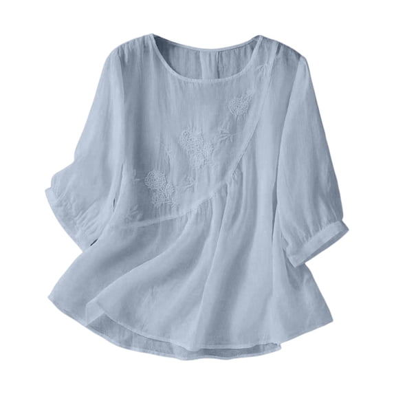 Business Casual Tops for Women 3/4 Sleeve Cotton Linen Shirts For 2025 Summer Retro Embroidered Tops Casual Trendy Vacation Blouse Cute Summer Tops1 PC