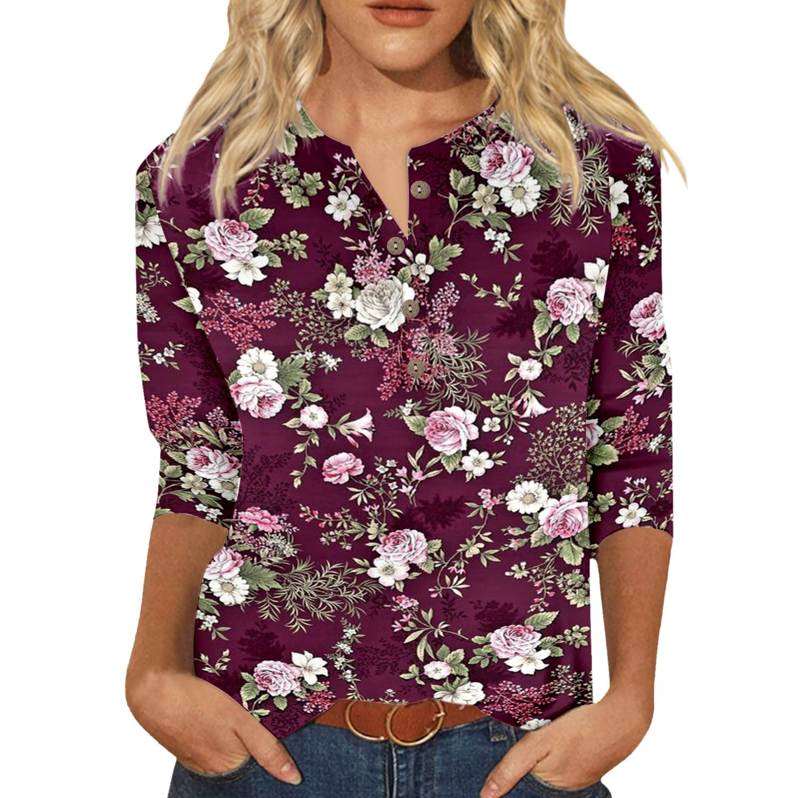 Business Casual Tops for Women Button V Neck 3/4 Length Sleeve Summer Blouses Oversized Fit