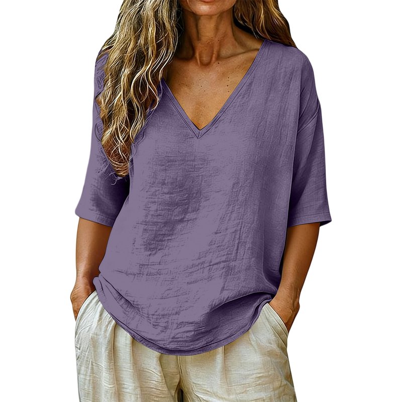Business Casual Tops for Women Linen Tops For Plus Size Summer Gauzy Shirts Mid Length Sleeve V Neck Blouses Casual Loose Clothes Cute Summer Tops1 PC