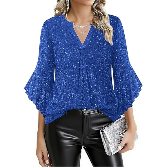 Business Casual Tops for Women Trendy New Women's Color Mesh Gold-Foiled Sparkling Breathable Party Gathering 3/4 Sleeve Three-Quarter Sleeve V-Neck Tops Style B-31 Blue XXL