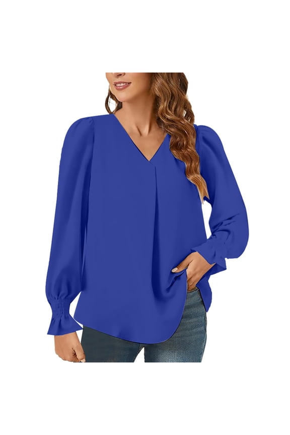 Business Casual Tops for Women, Yigetop Long Sleeve Shirts for Women Casual V Neck Work Shirts Work Blouses office Shirts Blouses for Women Dressy Casual Blue L