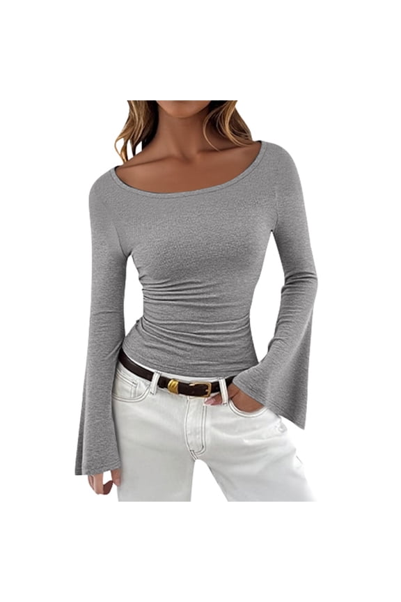 Business Casual Tops for Women Boat Neck Flared Sleeve Blouses,GY1,XL