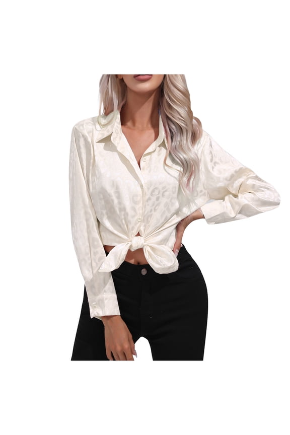 Business Casual Tops for Women Classic Lapel Button up Shirts Long Sleeve Collared Work Office Solid Color Blouse(Beige,L)