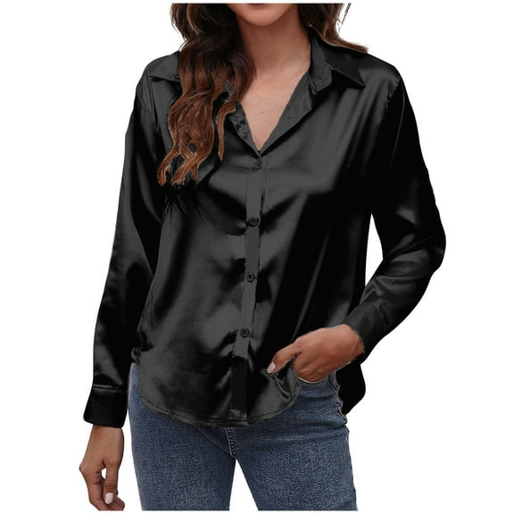 Business Casual Tops for Women Classic Lapel Button up Shirts Long Sleeve Collared Work Office Solid Color Blouse(Black,L)