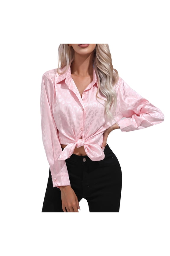 Business Casual Tops for Women Classic Lapel Button up Shirts Long Sleeve Collared Work Office Solid Color Blouse(Pink,S)