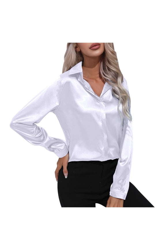 Business Casual Tops for Women Classic Lapel Button up Shirts Long Sleeve Collared Work Office Solid Color Blouse(White,S)