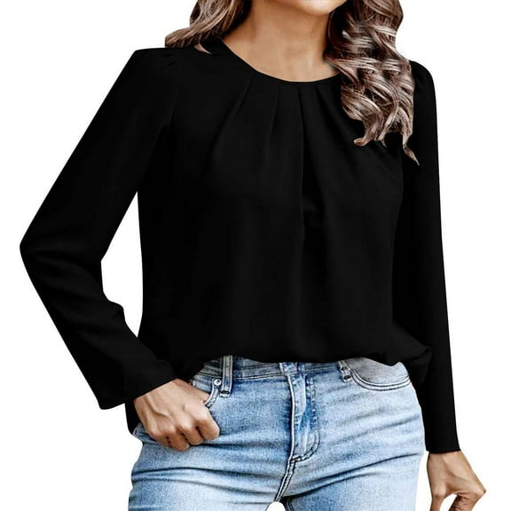 Business Casual Tops for Women! Comdrip Round Neck Wrinkled Casual Outgoing Long Sleeve Round Neck Shirt Top office Tops for Women Work Black 2XL