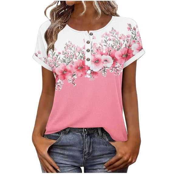 Business Casual Tops for Women Loose Fit Short Sleeve Work Shirts Creww Neck Button Dressy Blouses