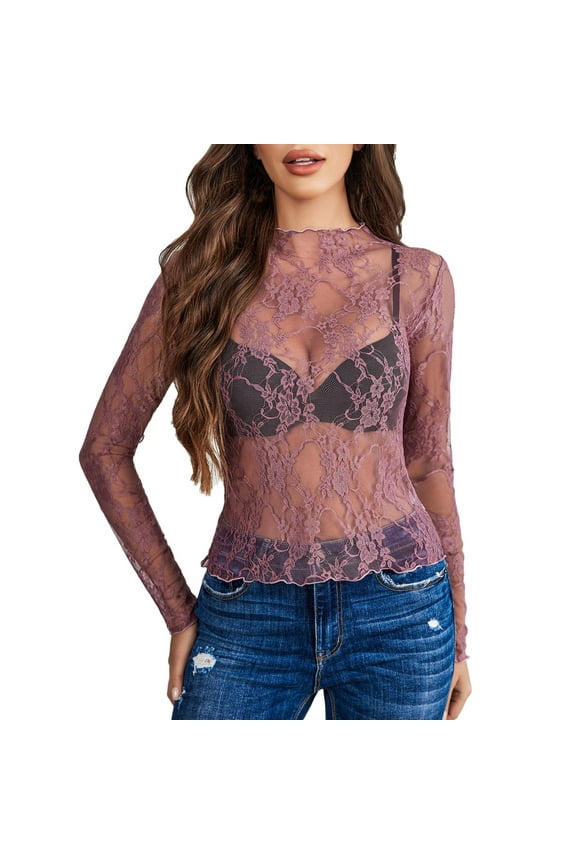 Business Casual Tops for Women Mesh Long Sleeve Mock Neck Sheer Laces Blouses,Purple,L