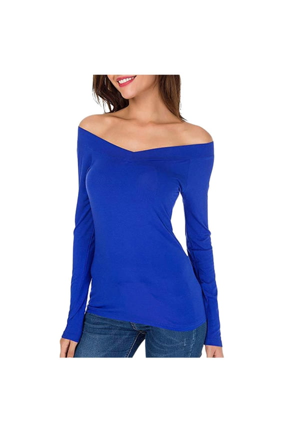 Business Casual Tops for Women One Shoulder V Neck Slim Fit Long Sleeved Underscrub,Blue,M