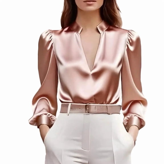 Business Casual Tops for Women Satin Blouse V Neck Long Sleeve Elegant Work Shirts Dressy Tops Fall Clothes (XXL, Rose Gold)
