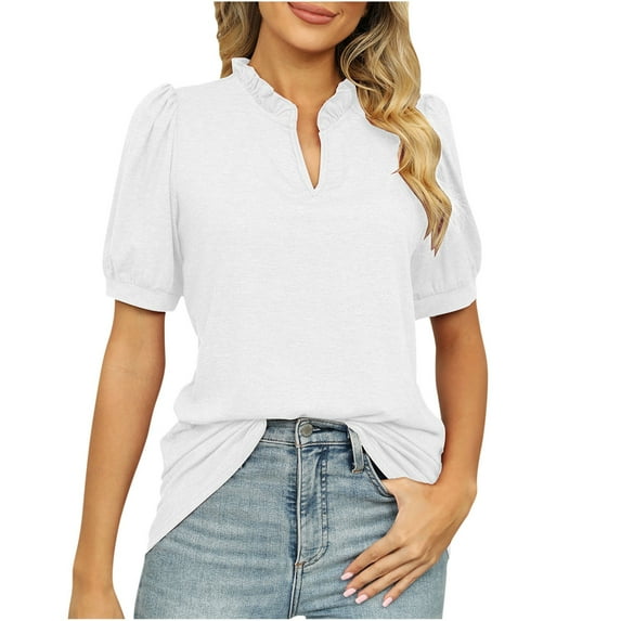 Business Casual Tops for Women Solid Color V Neck Summer T Shirts Puff Short Sleeve Loose Fit Basic Tunic Tops Blouses
