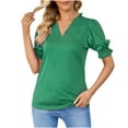 thumbnail image 1 of Business Casual Tops for Women Solid Color V Neck Summer T Shirts Puff Short Sleeve Loose Fit Basic Tunic Tops Blouses, 1 of 5