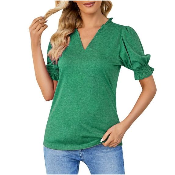 Business Casual Tops for Women Solid Color V Neck Summer T Shirts Puff Short Sleeve Loose Fit Basic Tunic Tops Blouses