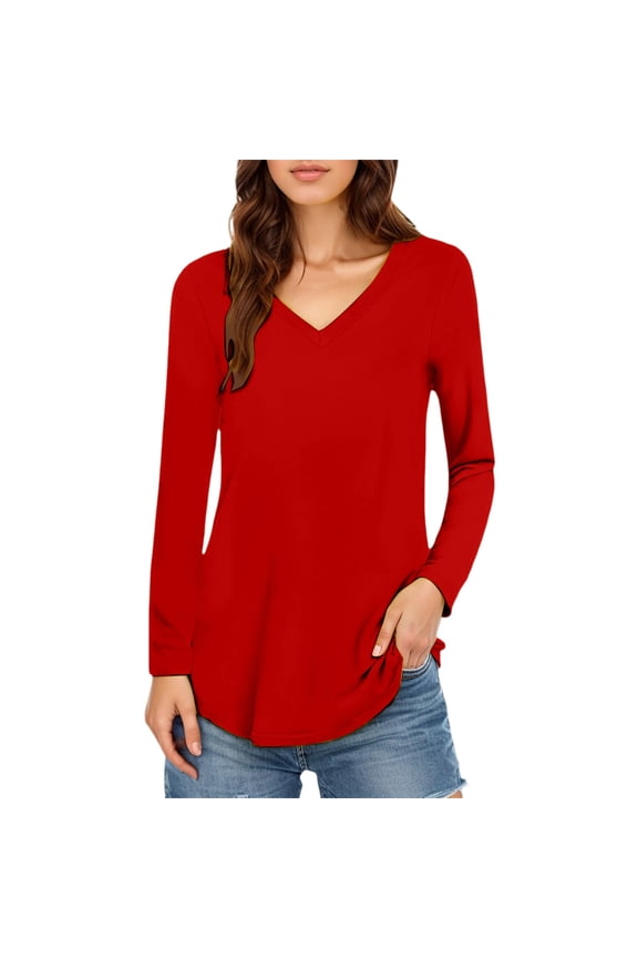 Business Casual Tops for Women V Neck Tunics Long Sleeve T Shirt Blouse,Red,XL