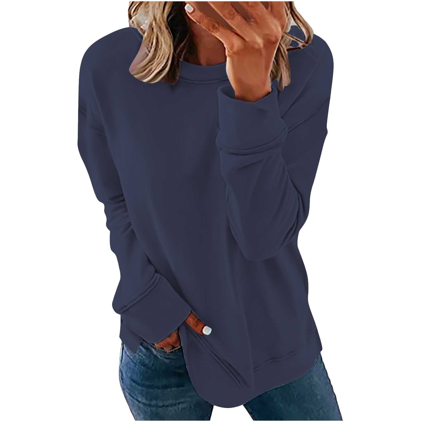 Business Casual Tops for Women Women Long Sleeves Casual Shirts Color Round Neck Sweatshirt Pullover Loose Tunic Tops Navy XL Walmart