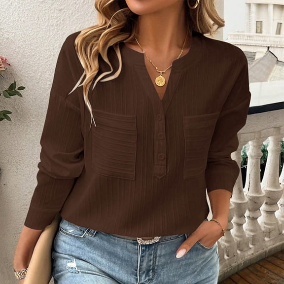 Business Casual Tops for Women with Pockets Long Sleeve Button V Neck Work Blouses Ladies Casual Solid Loose Comfort Basic Pullover Tops