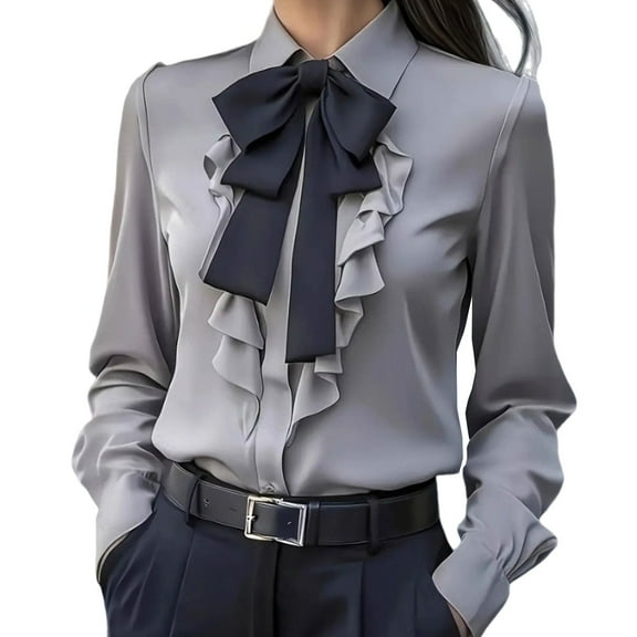 Business Casual Tops for Women with Tie Lapel Neck Silky Feel Dressy Blouses Solid Long Sleeve Office Work Wear (L, Gray #A)