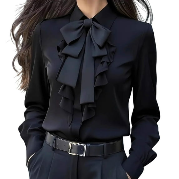Business Casual Tops for Women with Tie Lapel Neck Silky Feel Dressy Blouses Solid Long Sleeve Office Work Wear (XL, Black #A)