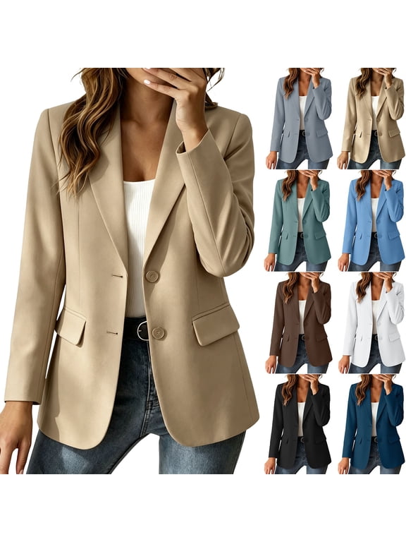 Business Casual Womens Long Sleeve Blazer Solid Color Open Front Notched Lapel Lightweight Jacket with Pockets Work Office Dressy Coat Fall Cardigan Jacket