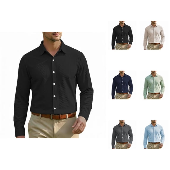 Business Casual Work Shirts for Men Lightweight Breathable Long Sleeve Textured Button Down Collared Dress Shirt