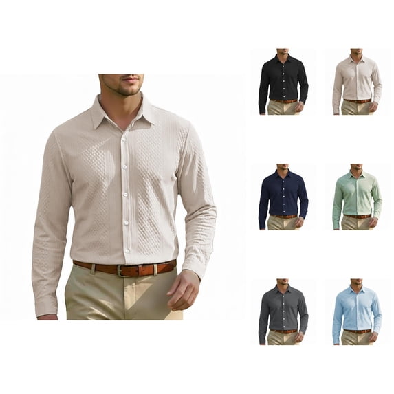 Business Casual Work Shirts for Men Lightweight Breathable Long Sleeve Textured Button Down Collared Dress Shirt