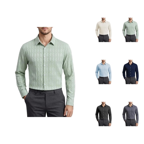 Business Casual Work Shirts for Men Lightweight Long Sleeve Textured Button Down Collared Formal Dress Shirt