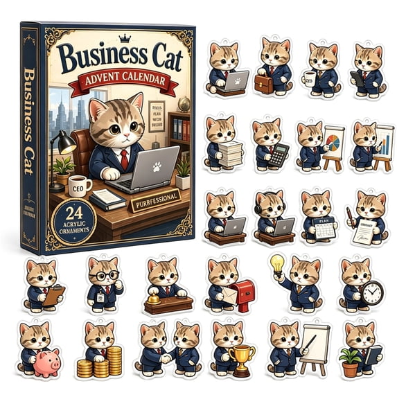 Business Cat Advent Calendars 2026, 24Pcs 2D Acrylic Kitty Ornaments, Fun Holiday Countdown Box for Home or Workplace Display