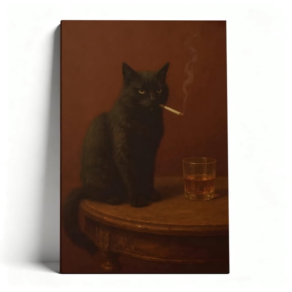 Business Cat With Whiskey Canvas Wall Ar, Vintage Moody Cat Decor, Retro Bar Artwork For Man Cave, Living Room, Bar, Ready To Hang