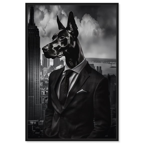 Business Doberman Black And White Canvas Wall Art Prints For Men by Notoriart, Black Floater Frame, 24"x36"
