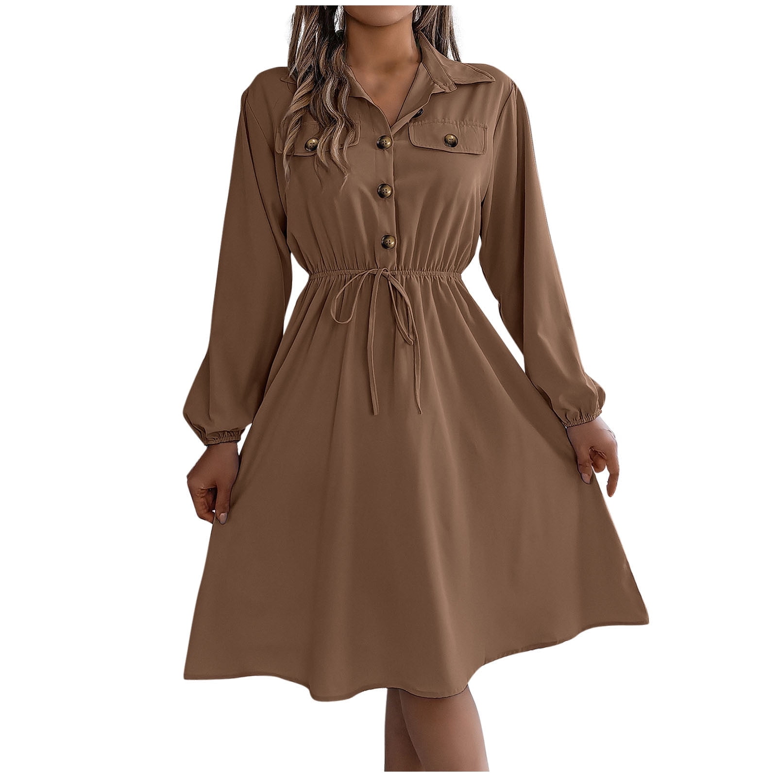 Versear Women's Button-Down Shirt Dress - V-Neck, Long Sleeve, Pockets, Pleated Swing Midi Dress (Khaki, Large) - View #8