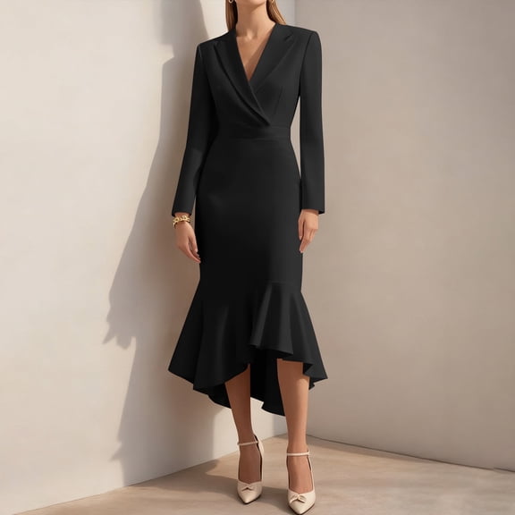 Business Dress for Women's Long Sleeve Blazer V Neck Formal Pencil Dress Ruffle Mermaid Bodycon Work Office Dresses Black XL