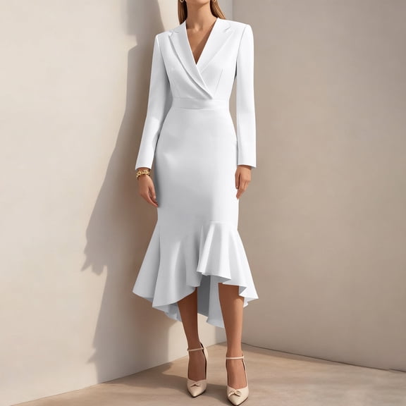 Business Dress for Women's Long Sleeve Blazer V Neck Formal Pencil Dress Ruffle Mermaid Bodycon Work Office Dresses White XL