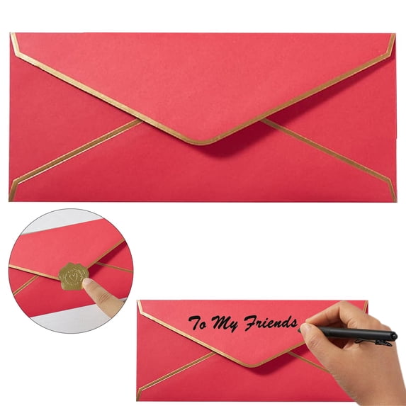 Business Envelopes with Gold Border,#10 Standard Mailing Envelopes for Letters and Checks,Paper with Gold Stickers,letter envelopes,mailing supplies,Red,1PC