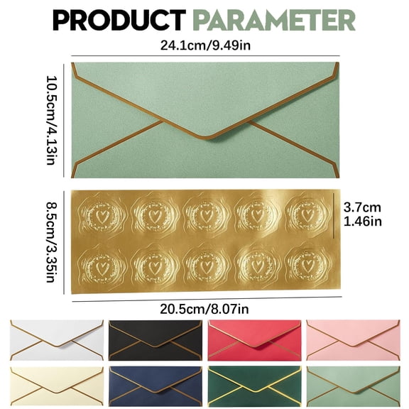 Business Envelopes with Gold Border and Stickers, 150Gsm Thick Paper, Includes Gold Stickers, 9.49"X4.13", for Office, Letters, Checks, Invoices, Documents, White