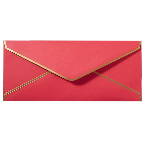 Business Envelopes with V-Flap, Gold Border Envelopes Made of 150gsm Paper, Standard Envelopes with Gold Stickers for Office, Checks, Letter Mailing, 9.45 x 4.13 Inches, Red