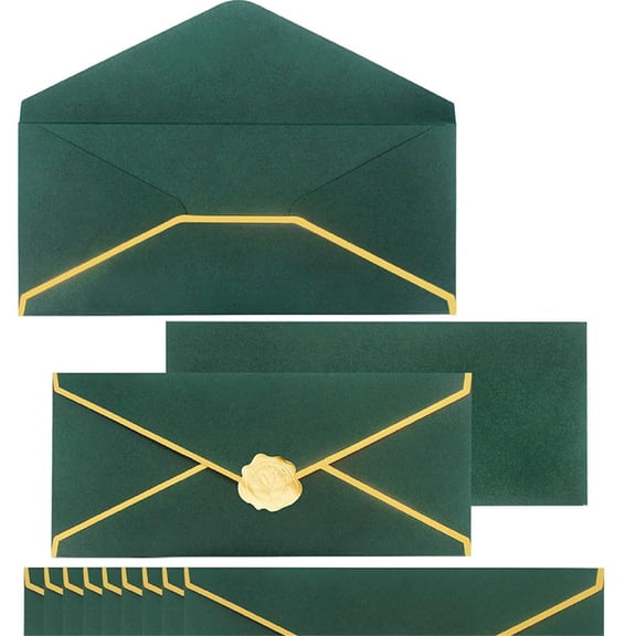 Business Envelopes With Gold Border, #10 Standard Envelopes 150gsm Paper, For Checks Letter Mailing, Gold Stickers (Blackish Green)