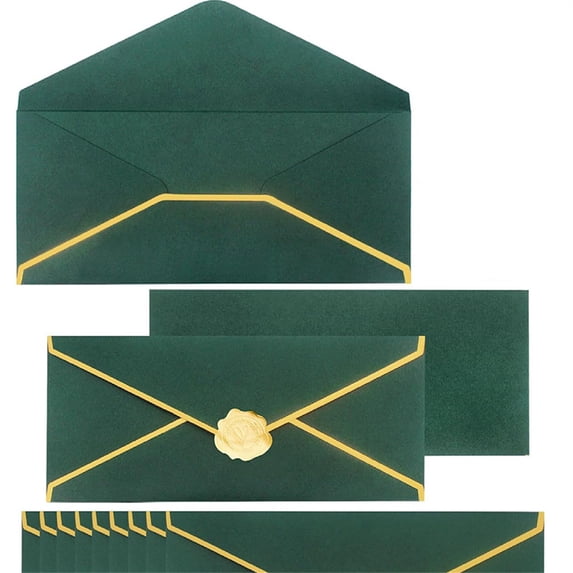 Business Envelopes With Gold Border, #10 Standard Envelopes 150gsm Paper, For Checks Letter Mailing, Gold Stickers (Blackish Green)