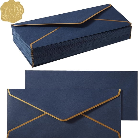 Business Envelopes With Gold Border, #10 Standard Envelopes 150gsm Paper, For Checks Letter Mailing, Gold Stickers (Blue)