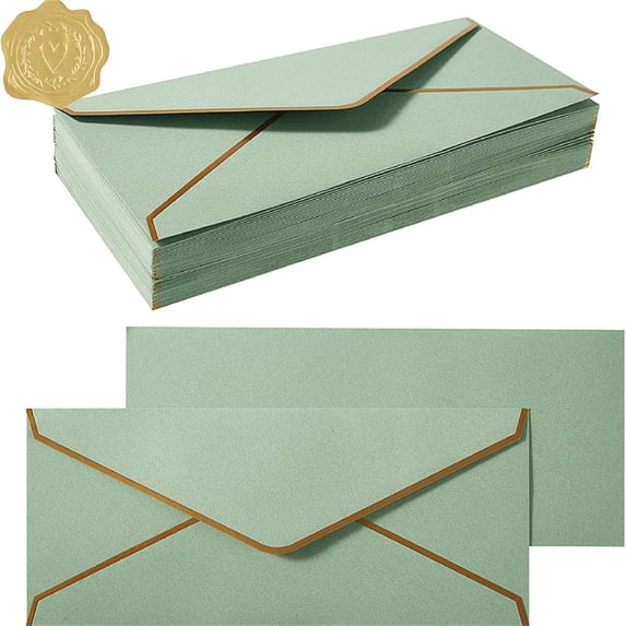 Business Envelopes With Gold Border, #10 Standard Envelopes 150gsm Paper, For Checks Letter Mailing, Gold Stickers (Light Green)