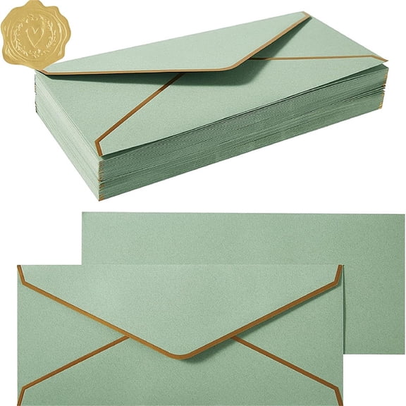 Business Envelopes With Gold Border, #10 Standard Envelopes 150gsm Paper, For Checks Letter Mailing, Gold Stickers (Light Green)