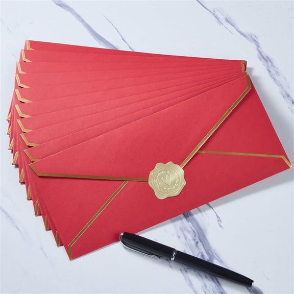 Business Envelopes With Gold Border, #10 Standard Envelopes 150gsm Paper, For Checks Letter Mailing, Gold Stickers (Red)