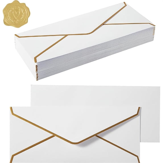 Business Envelopes With Gold Border, #10 Standard Envelopes 150gsm Paper, For Checks Letter Mailing, Gold Stickers (White)