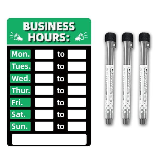 Business Hours Sign with 3 Erasable Markers for Custom Display, Weather Resistant PVC Suitable for Restaurants, Grocery Stores, Salons, and Offices (green)
