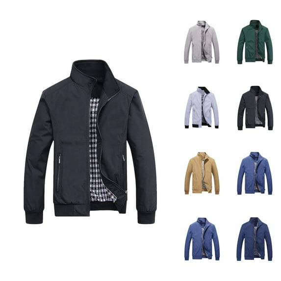 Business Jackets for Men Fall Winter Long Sleeve Plus Size Stand Collar Zip Up Jacket with Pockets Outerwear Coat
