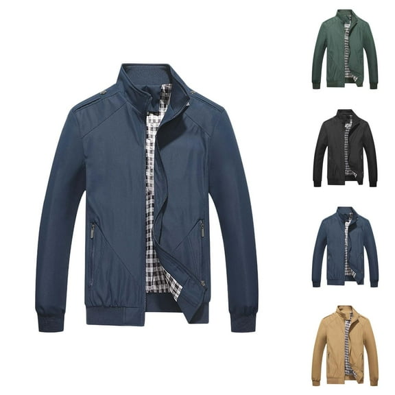 Business Jackets for Men Fall Winter Plus Size Long Sleeve Stand Collar Zip Up Jacket with Pockets Outerwear Coat
